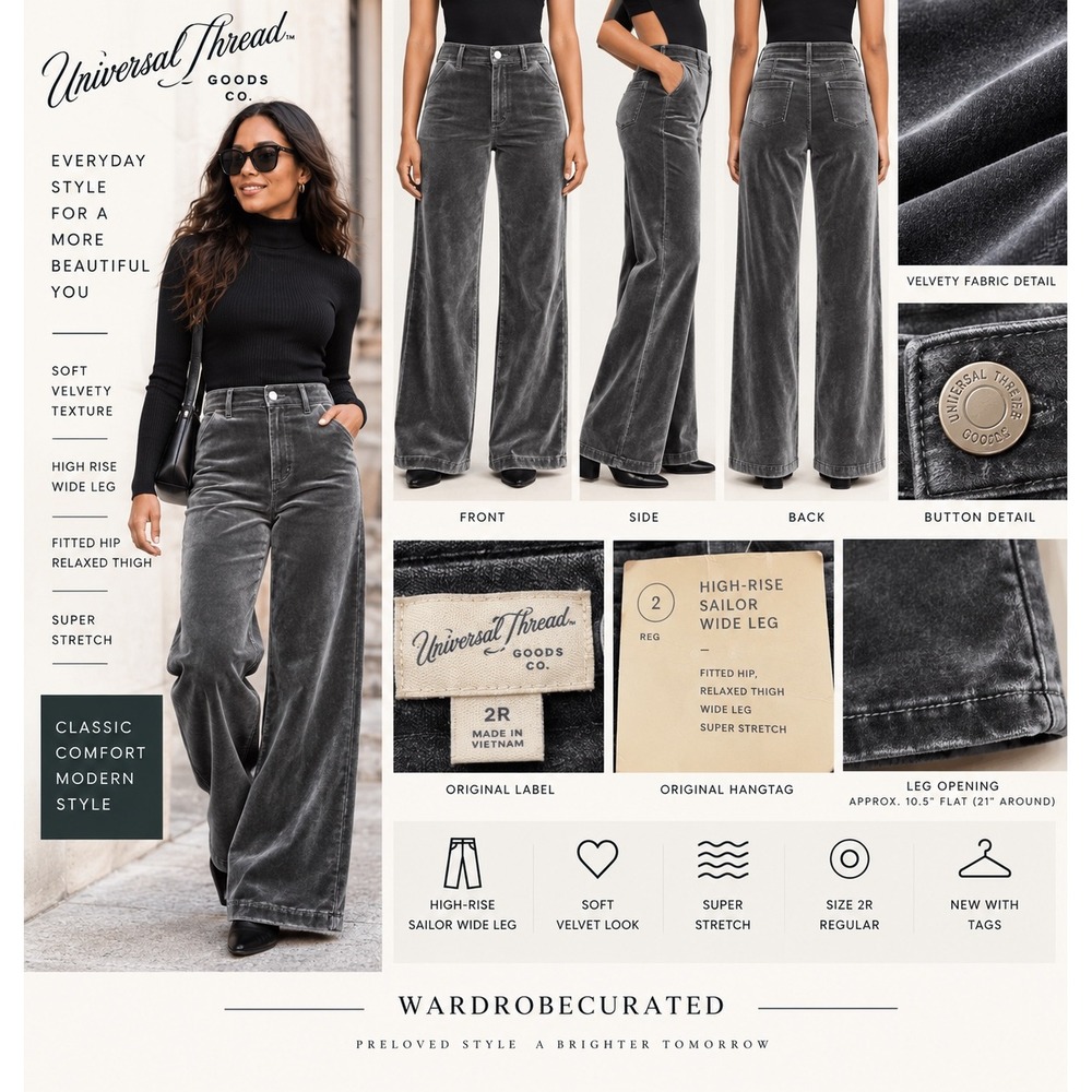 Universal Thread Gray Velvet High Rise Sailor Wide Leg Pants 2R Super Stretch
